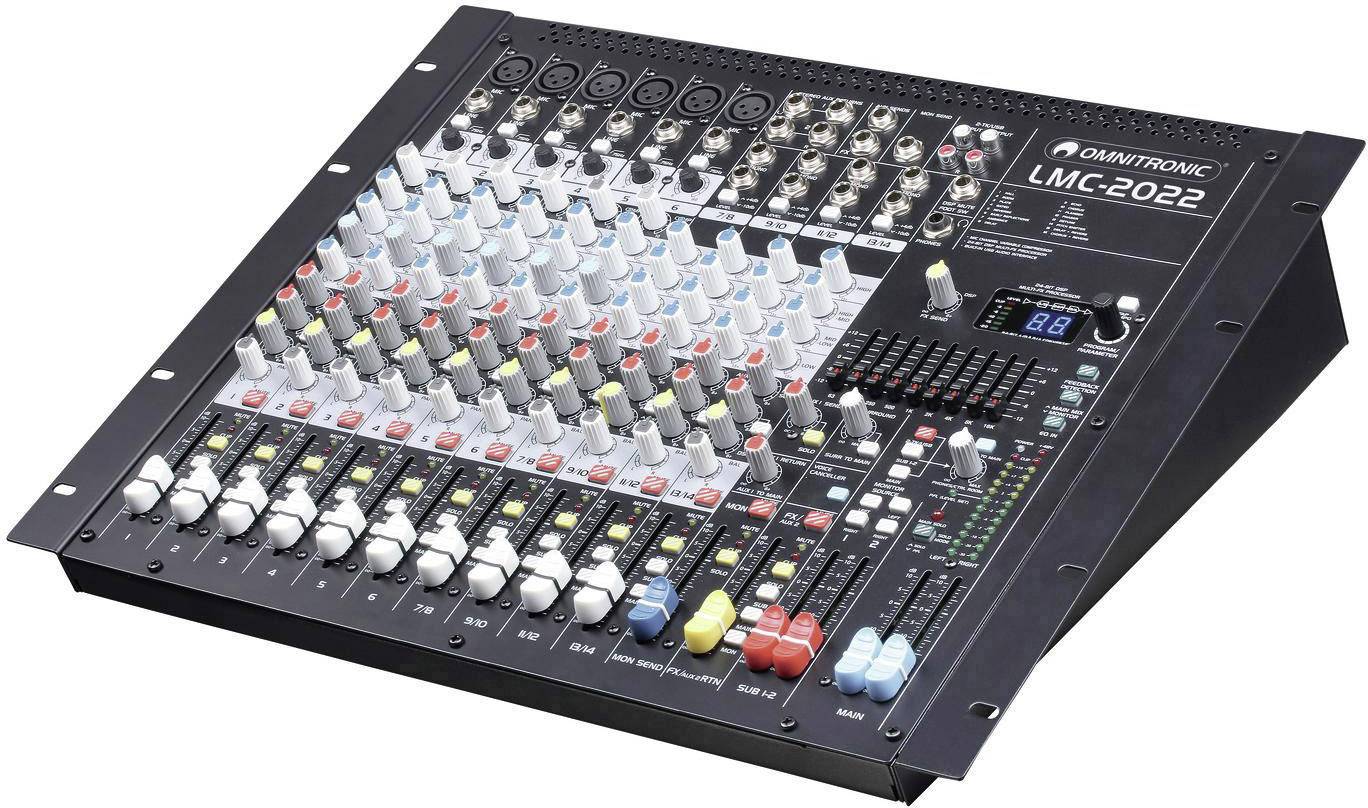 Mixážní pult s několika faders, otočnými ovladači a konektory, zobrazený jako technické zařízení pro ovládání a míchání zvuku.