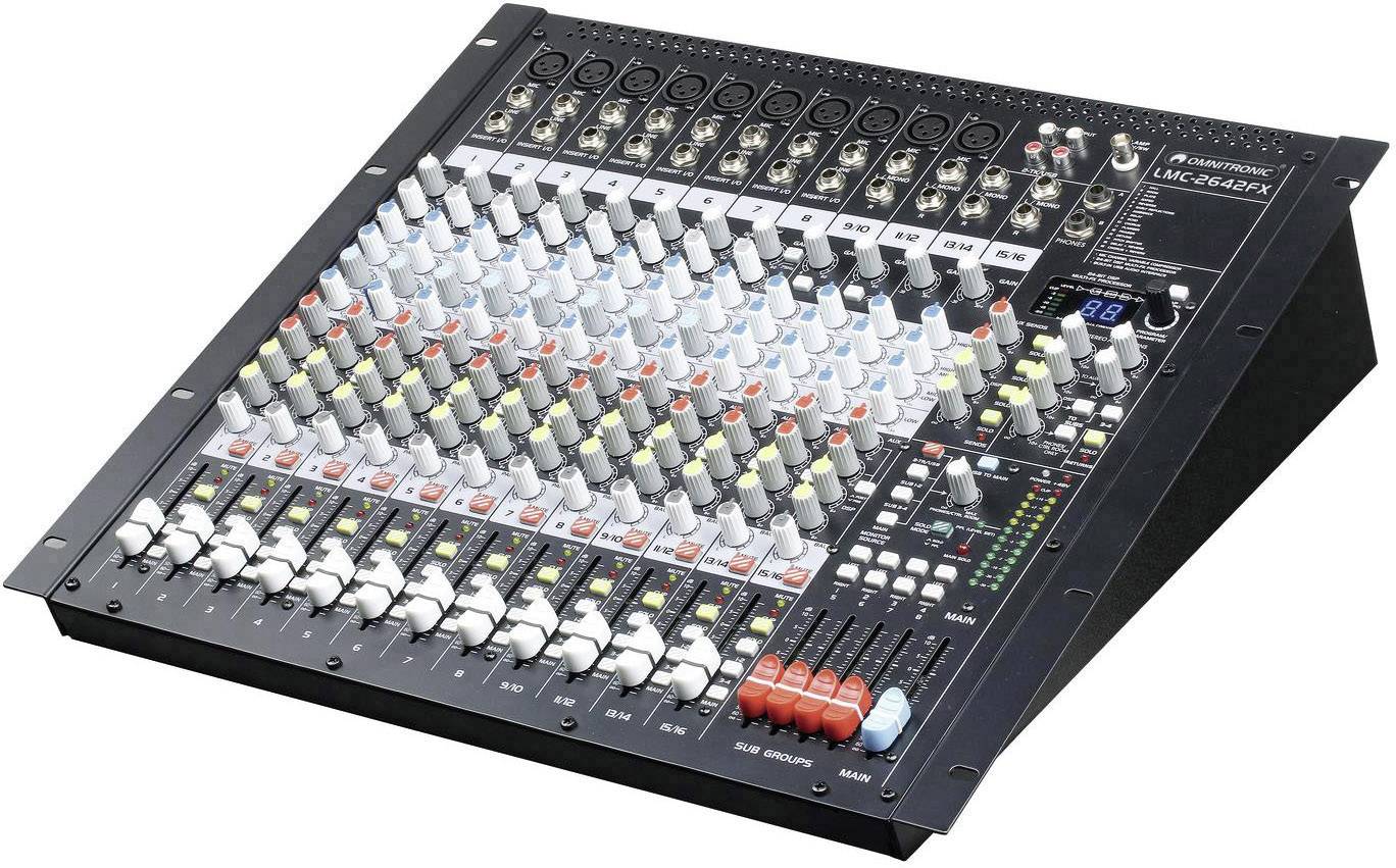 Mixážní pult s řadou ovladačů a tlačítek, který slouží k řízení audio vstupů a výstupů v hudebním nebo zvukovém systému.