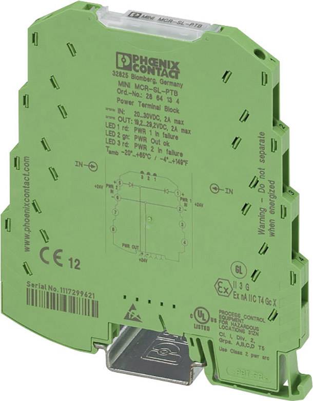 Zelený elektronický modul od Phoenix Contact s technickými specifikacemi na přední straně; model 'MINI MCR-SL-PTB'.
