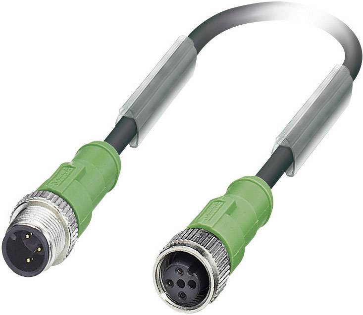 'Zelený 4-pólový M12 kabel se šroubovacími konektory, s mužským a ženským konektorem, určený pro propojení průmyslových zařízení.'