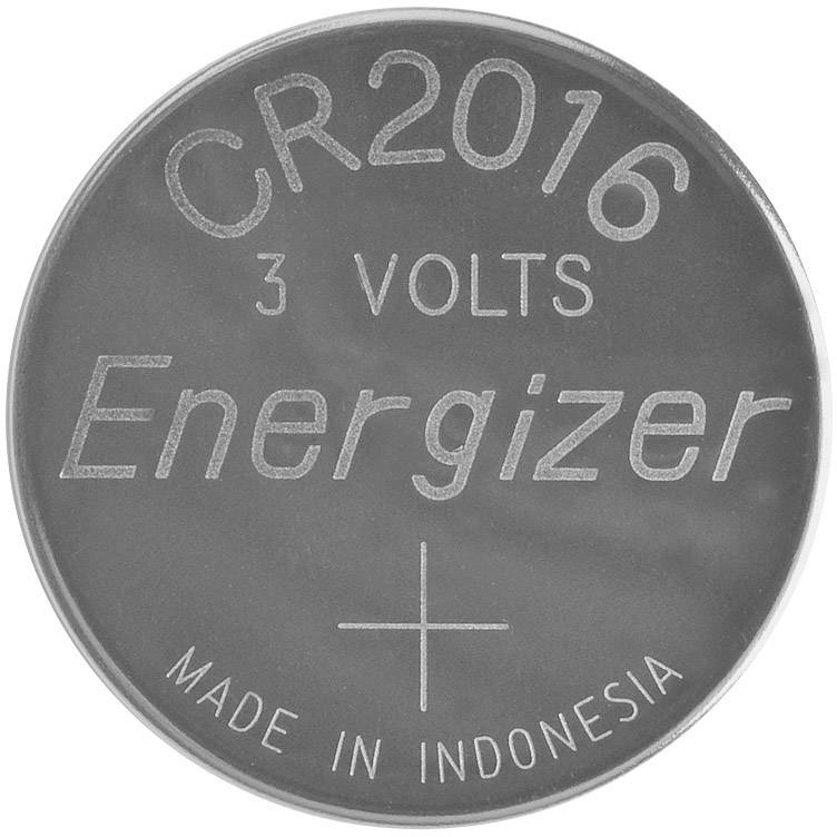 Knoflíková baterie s nápisem 'CR2016 3 Volts Energizer Vyrobeno v Indonésii'.
