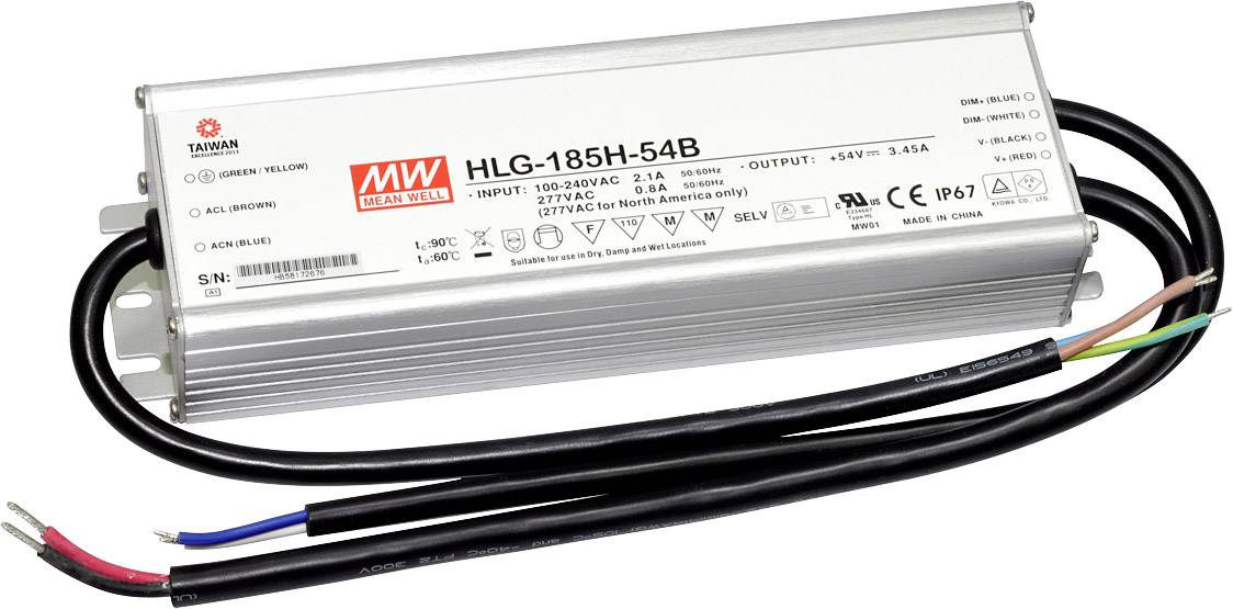 MEAN WELL HLG-185H-54B LED driver, napájecí zdroj pro LED konstantní napětí, konstantní proud 186 W 3.45 A 27 - 54 V/DC -0