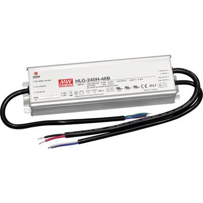 Elektrický LED driver s kovovým pouzdrem, modelové číslo 'HLG-240H-48B', kabel pro připojení ke zdroji napájení a LED osvětlení.