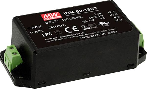 Černý napájecí zdroj s zelenými konektory, model 'IRM-60-15ST', s vstupem 100-240VAC a výstupem 15V, 4A.