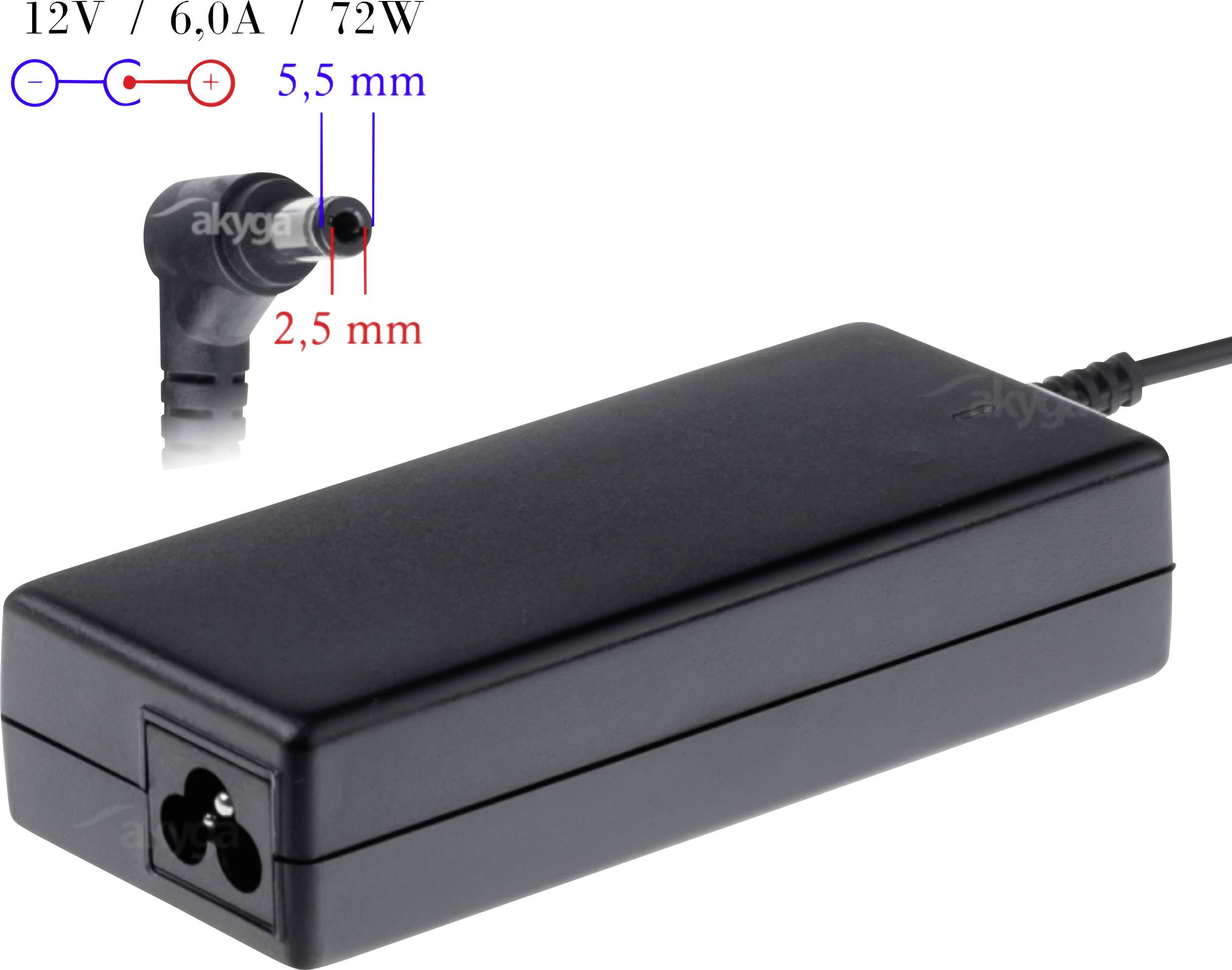 Černý napájecí adaptér s konektorem, 72W výkon, výstupy 12V a 6,0A. Délka konektoru 5,5 mm, šířka 2,5 mm.