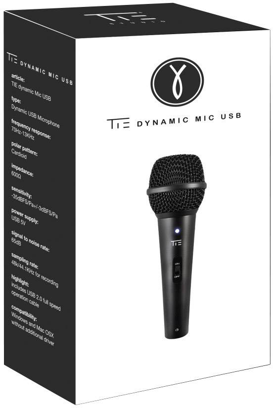 Na obalu je zobrazeno černé dynamické USB mikrofon. Text na krabici uvádí model a technické parametry, jako je frekvenční rozsah.