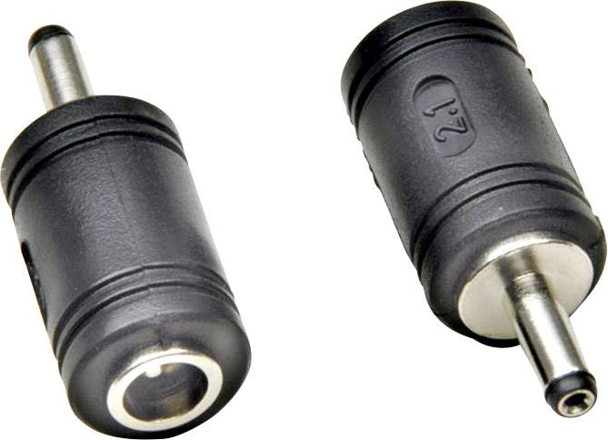Dva černé DC konektory, jeden ukazující zásuvku, druhý kolík. Vhodné pro napájení elektronických zařízení.