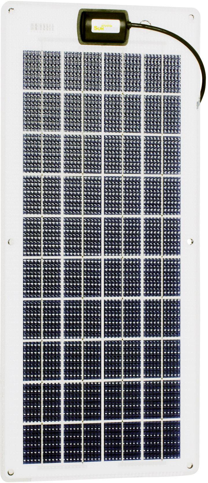 Solární modul obdélníkového tvaru, skládající se z několika malých tmavě modrých fotovoltaických článků a připojovacího kabelu.
