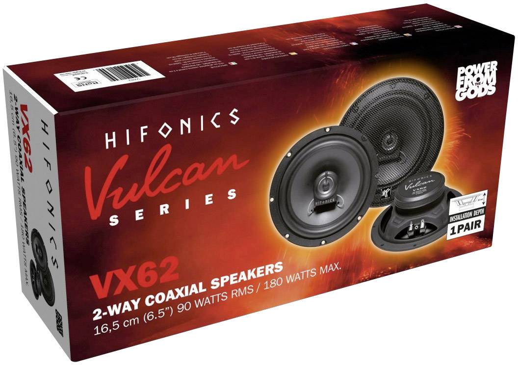 Balení reproduktorů Hifonics VX62 koaxiálního typu, velikost 16,5 cm, 90 W RMS, maximální výkon 180 W, zobrazené na červeném pozadí.