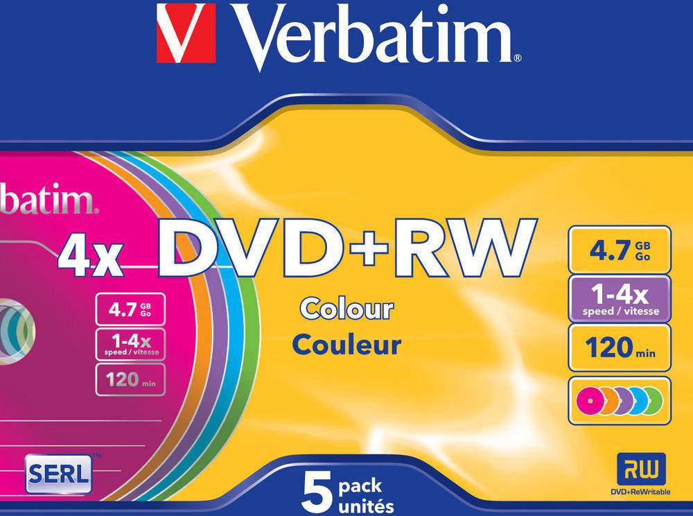 'Verbatim DVD+RW 4x, 4,7 GB, přepisovatelné. Vhodné pro 120minutový videoáznam. Balení po 5 kusech.'