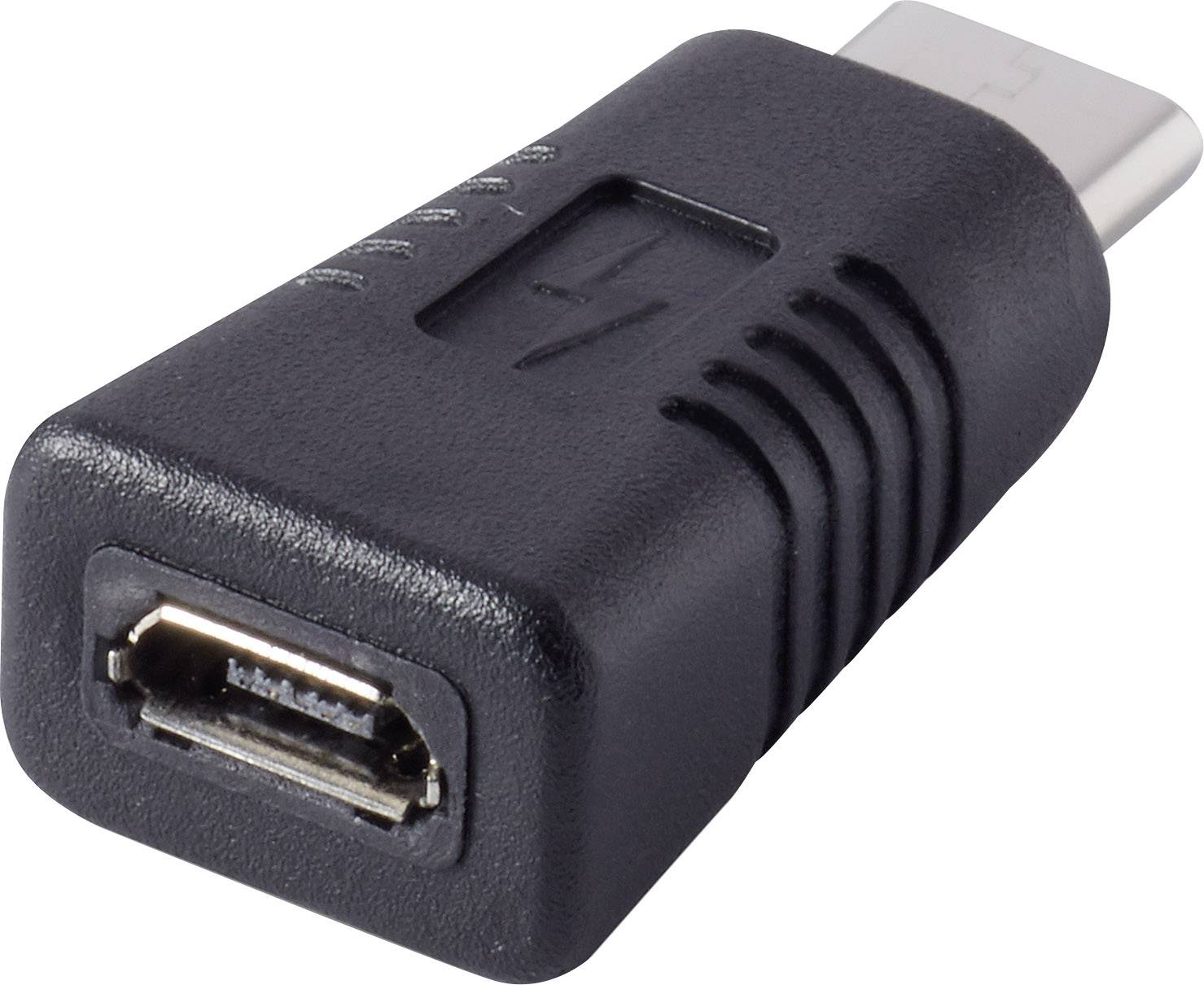 Adaptér z USB-C na Micro-USB z blízka. Adaptér je černý s malým symbolem nabíjení a synchronizace.