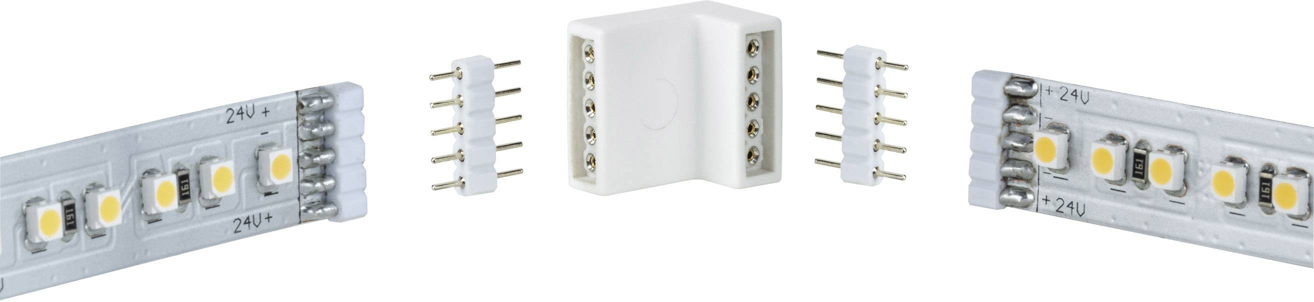 Dva LED pásky propojené L-shaped konektorem, který zajišťuje spojení mezi těmito pásky.
