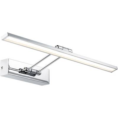 Moderní, chromovaná LED nástěnná lampa na obrazy s obdélníkovým podstavcem a otočným ramenem. Ideální pro osvětlení uměleckých děl.