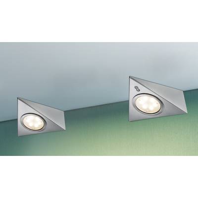 Dva moderní, trojúhelníkové stropní reflektory s LED lampami svítí na modro-zelené stěně. Vyzařují rovnoměrné jasné světlo.