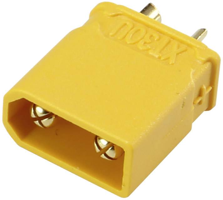 XT60 konektor žluté barvy se dvěma kovovými kontakty, často používaný pro elektrické připojení v modelářství a drónových aplikacích.