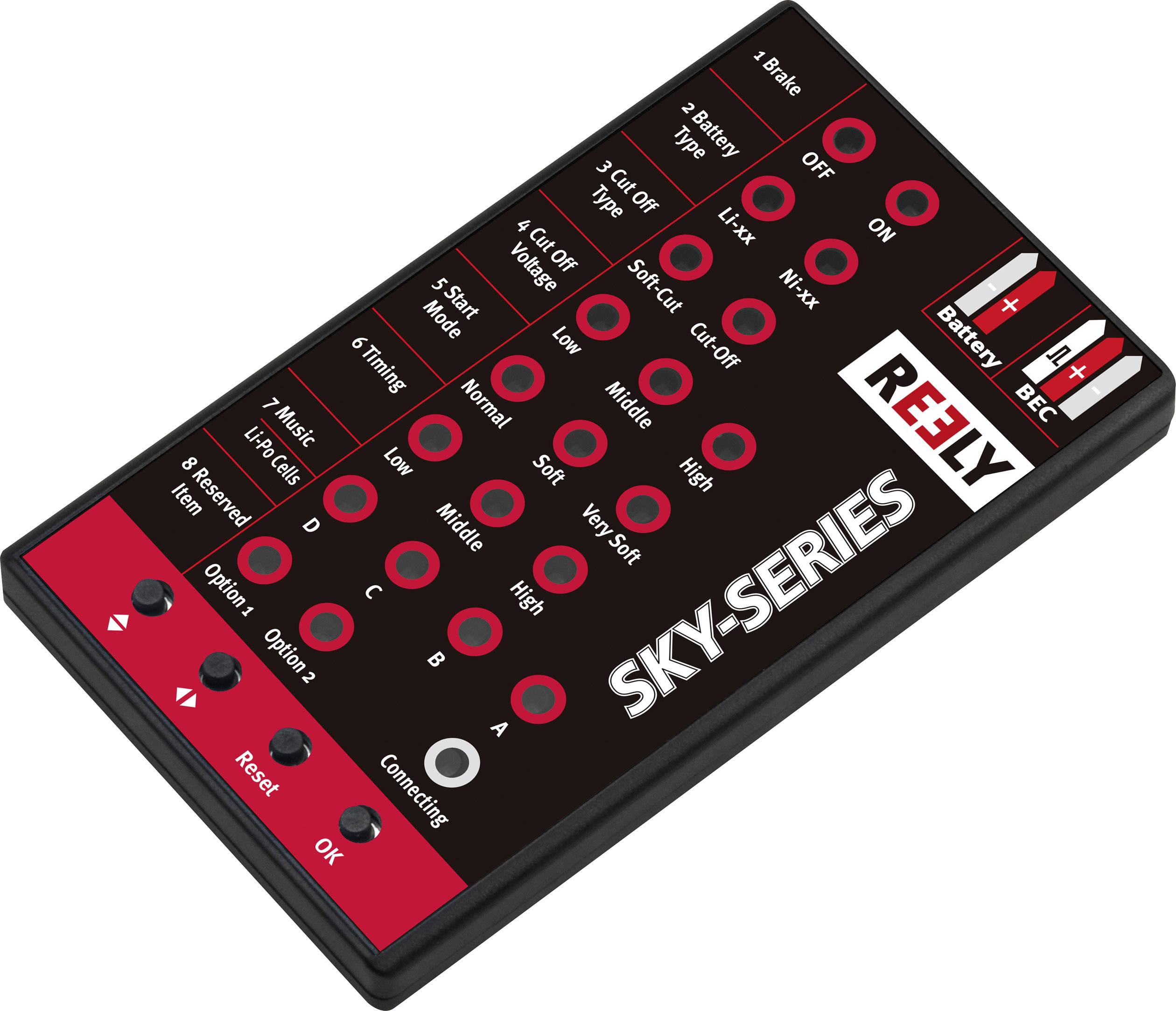 Dálkový ovladač s několika tlačítky a funkcemi pro modelářská letadla, s nápisem 'SKY-SERIES' a 'REELY', zobrazující nastavení a možnosti.