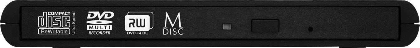 Externí optická jednotka s různými podpůrnými symboly: USB, DVD, RW, M-DISC.