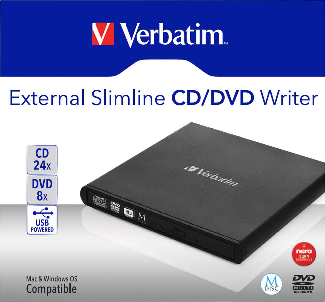 Externí CD/DVD mechanika Verbatim Slimline. CD 24x, DVD 8x, napájená přes USB, kompatibilní s operačními systémy Mac a Windows.