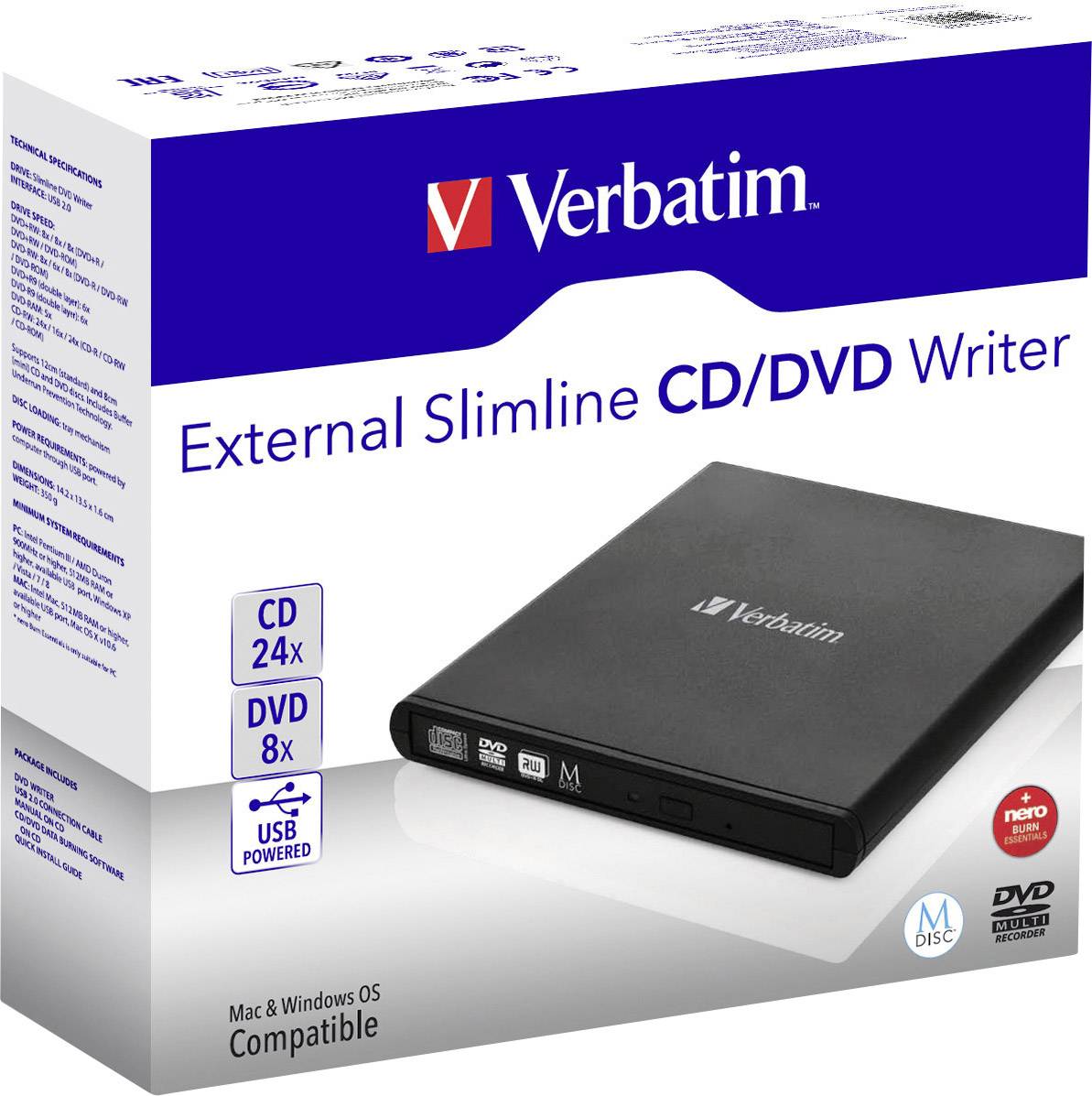 Externí tenký CD/DVD vypalovačka od Verbatimu, kompatibilní s Mac a Windows. Rychlost nahrávání CD 24x, DVD 8x, napájení přes USB. Zabaleno v bílé krabičce.