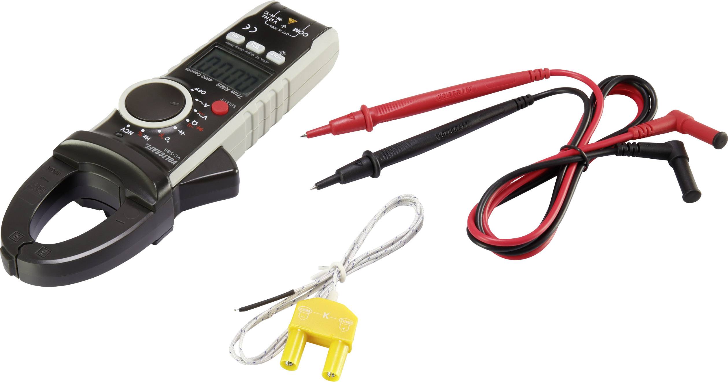 Digitální multimetr s kleštěmi a sondami pro měření elektrických hodnot, včetně žlutého teplotního senzoru.
