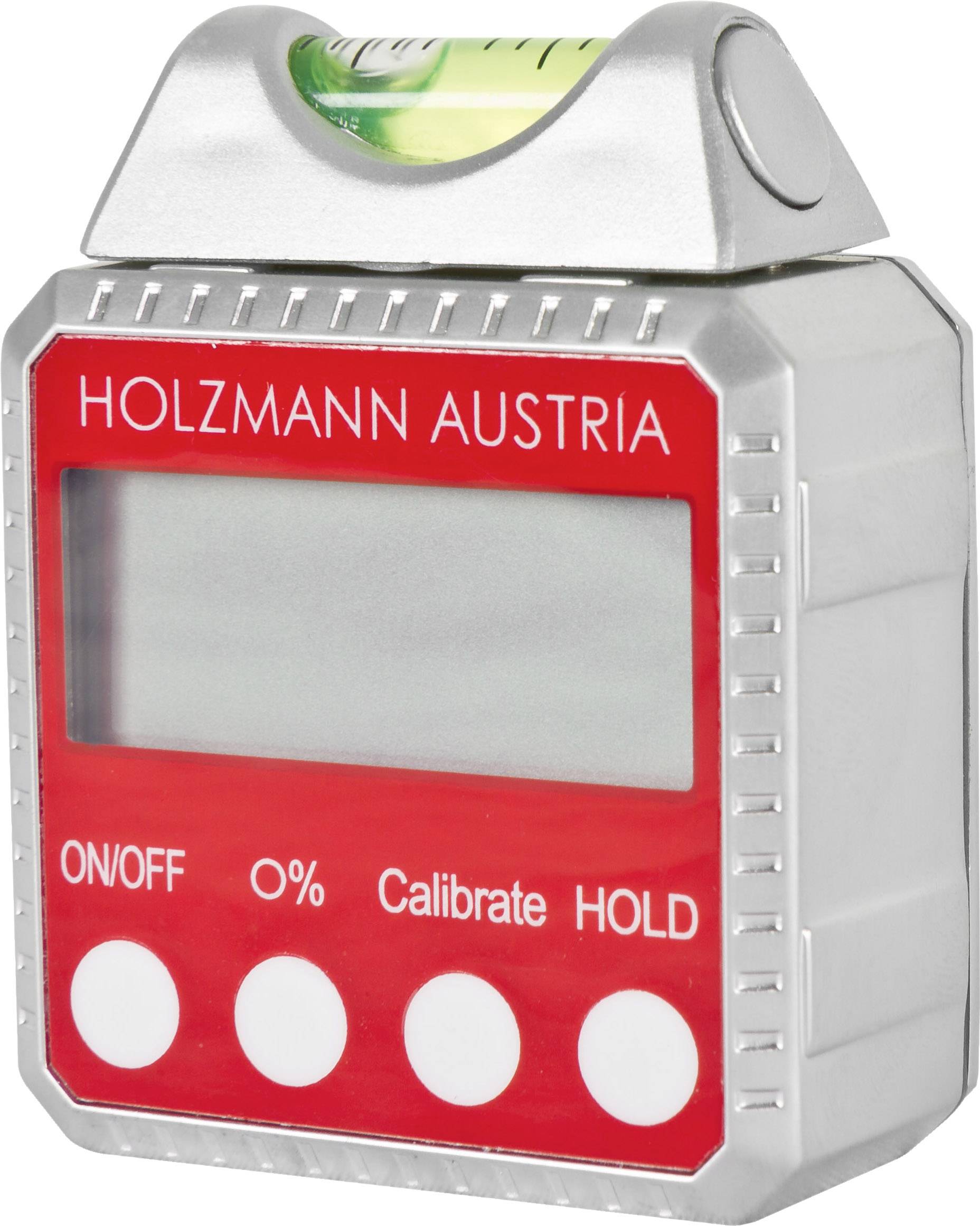 Digitální sklonoměr s vodováhou, displejem, tlačítky ON/OFF, kalibrací a funkcí podržení. Červená přední strana, značka Holzmann Austria.