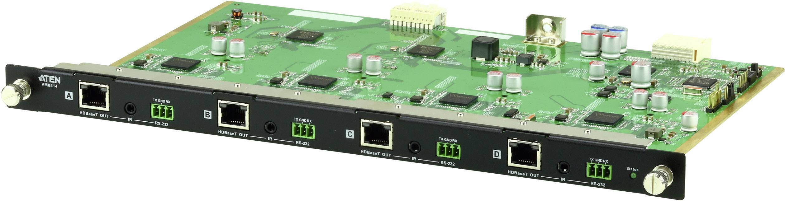 Elektronická deska plošných spojů s několika konektory a komponenty na kovovém podkladu, pravděpodobně určená pro síťové aplikace.