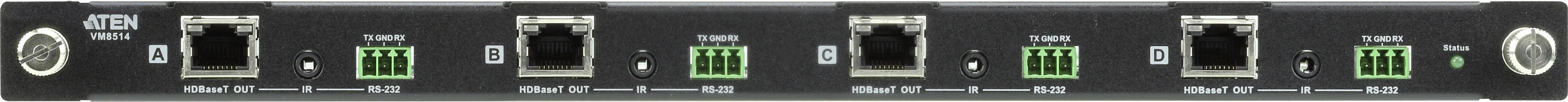 Černé síťové zařízení se šesti porty, z nichž dva jsou RJ45 a čtyři jsou zelené připojovací svorky.