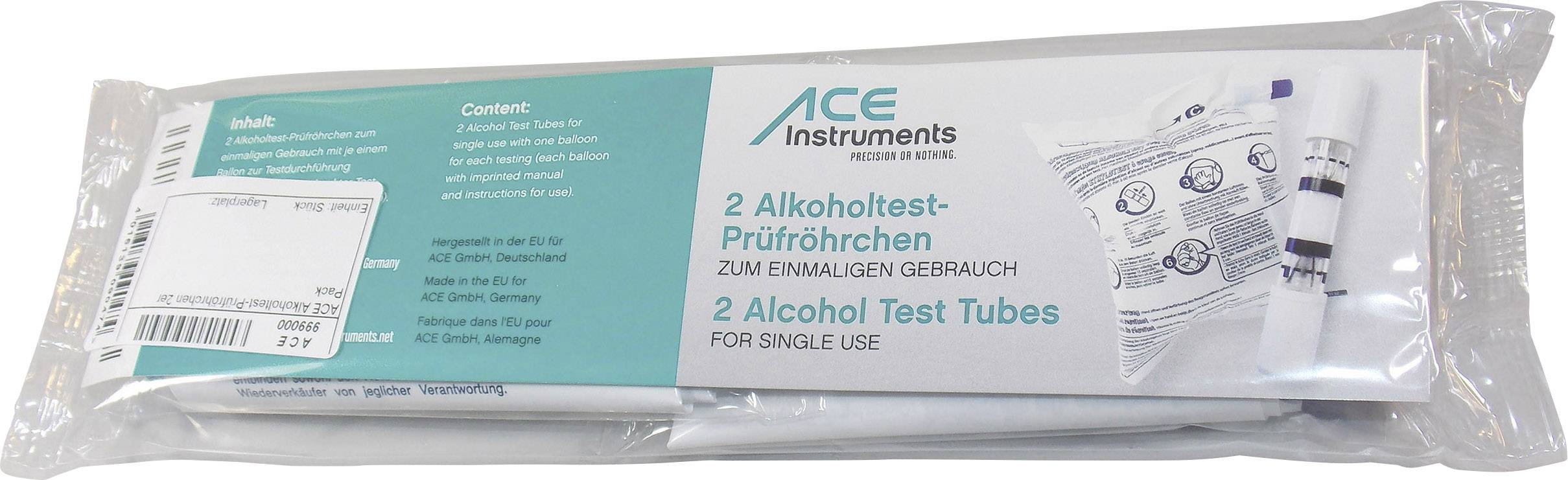 Balení obsahující 2 jednorázové trubičky pro alkoholový test, značka ACE Instruments.
