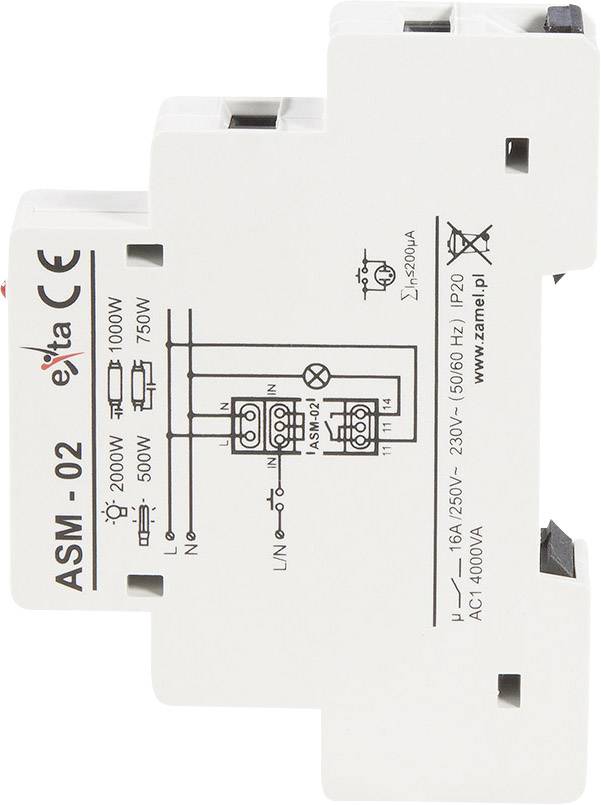 Elektrický modul ASM-02 pro řízení zátěže, max. 2000 W. Diagram znázorňuje možnosti připojení pro N, L, S a HP kanály.