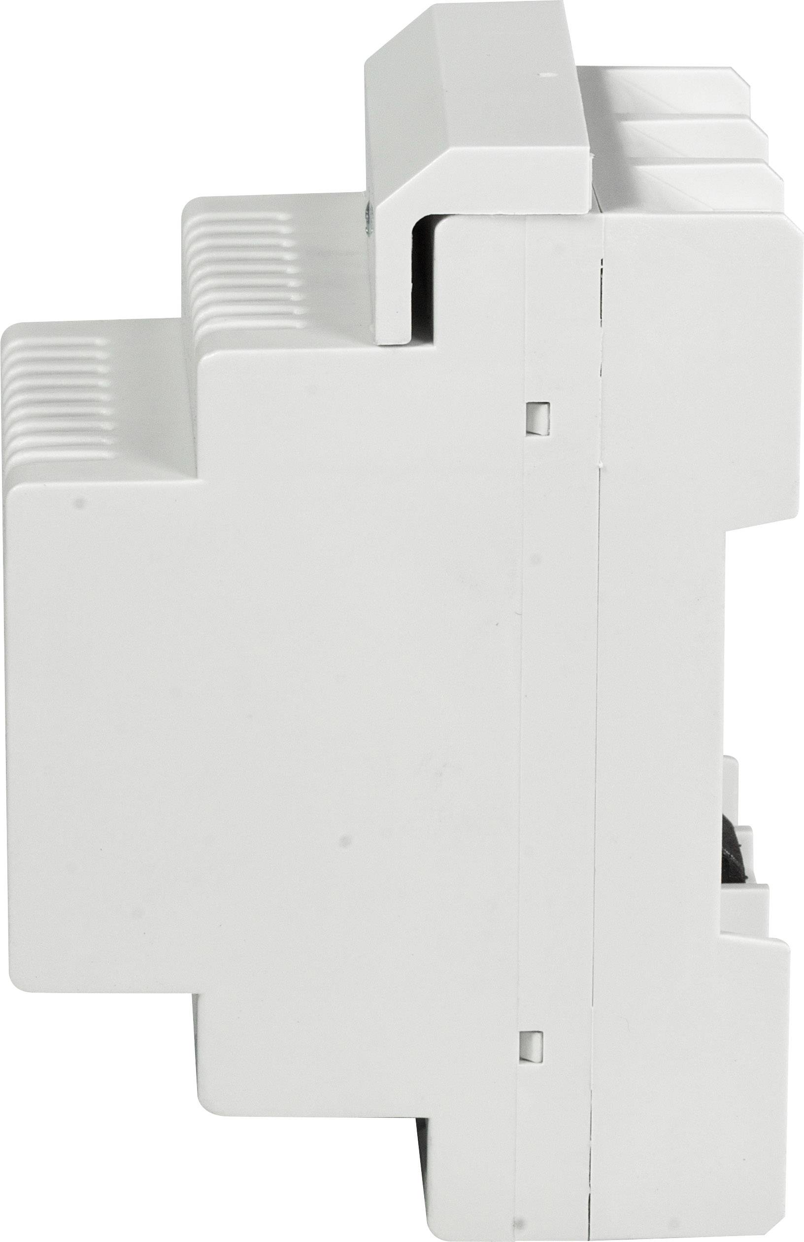 Bílá elektrická komponenta s několika vstupy, zobrazená z boku, odhaluje strukturu a konektorové pozice zařízení.
