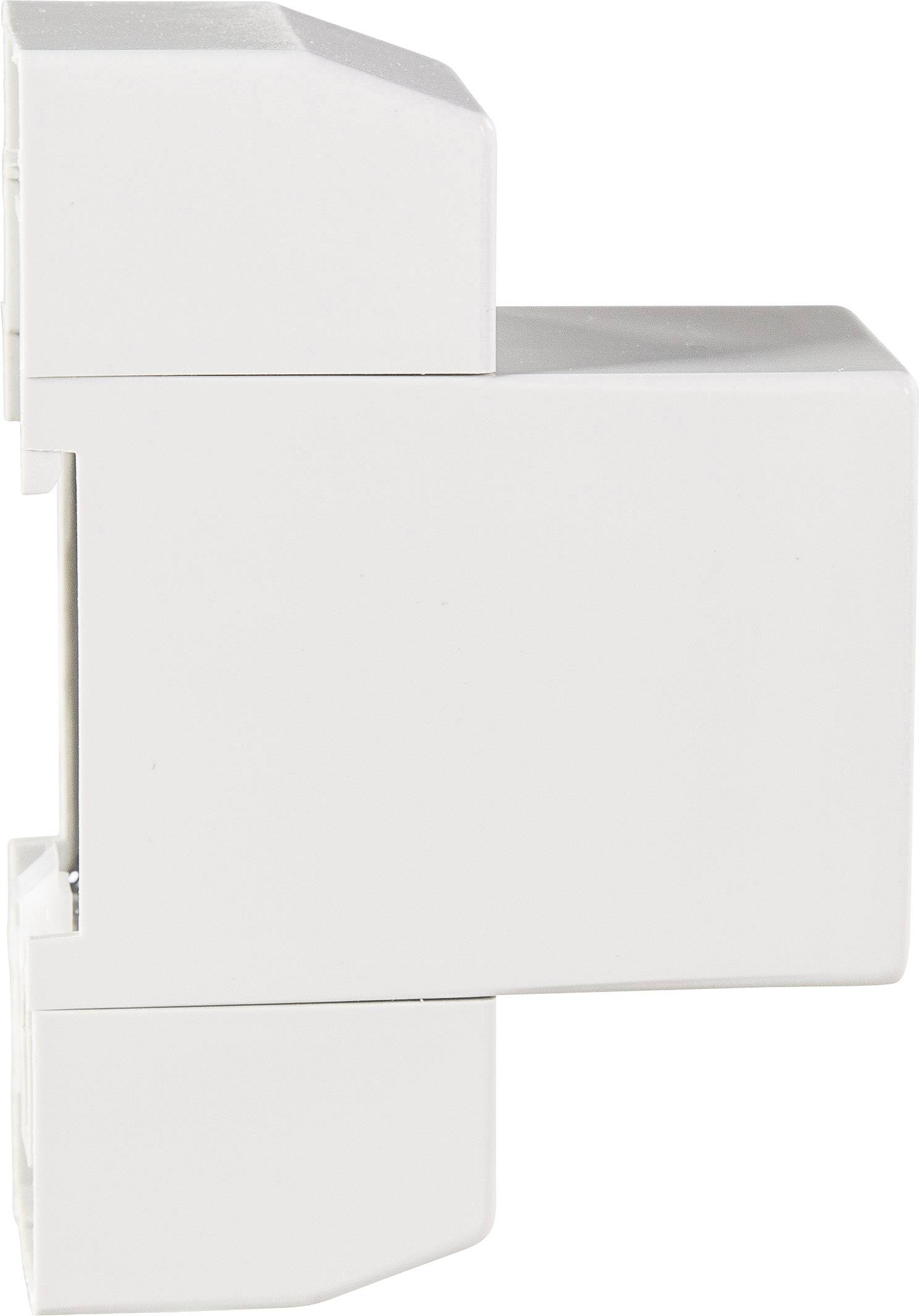 Bílá, obdélníková elektrická komponenta, pravděpodobně výkonový spínač nebo relé, pohled z boku.