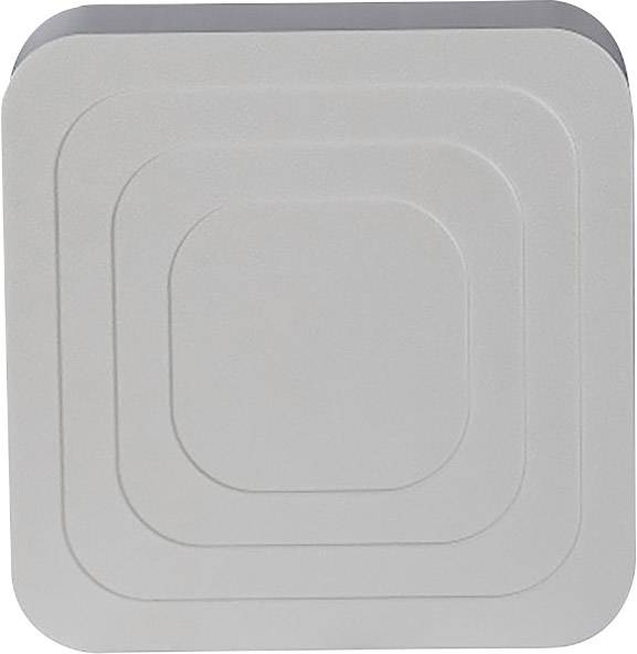 Šedý, čtvercový objekt se zaoblenými rohy a vypouklými soustřednými čtverci na povrchu.