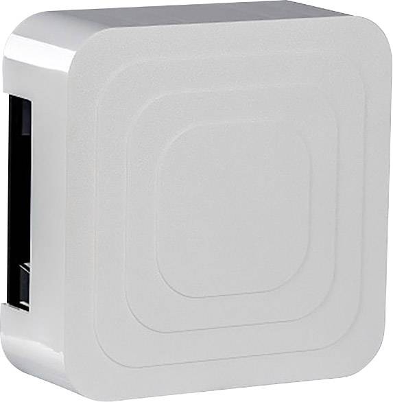 Bílé čtvercové pouzdro se zaoblenými rohy a kruhovými prohlubněmi uprostřed.