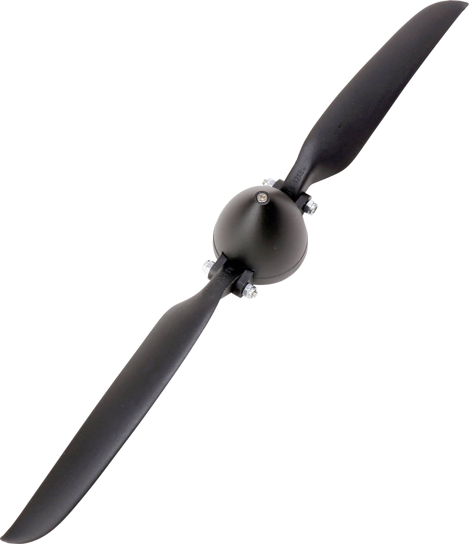 Černá vrtule se dvěma listy v diagonálním uspořádání, pravděpodobně vhodná pro malé letadlo nebo dron.