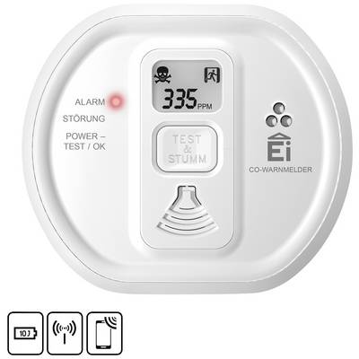 Detektor oxidu uhelnatého zobrazuje '335 PPM' na displeji. Červená výstražná kontrolka svítí. Tlačítka: 'Test & Ztlumit'. Symboly dole znázorňují stav baterie, bezdrátové připojení a smartphone.