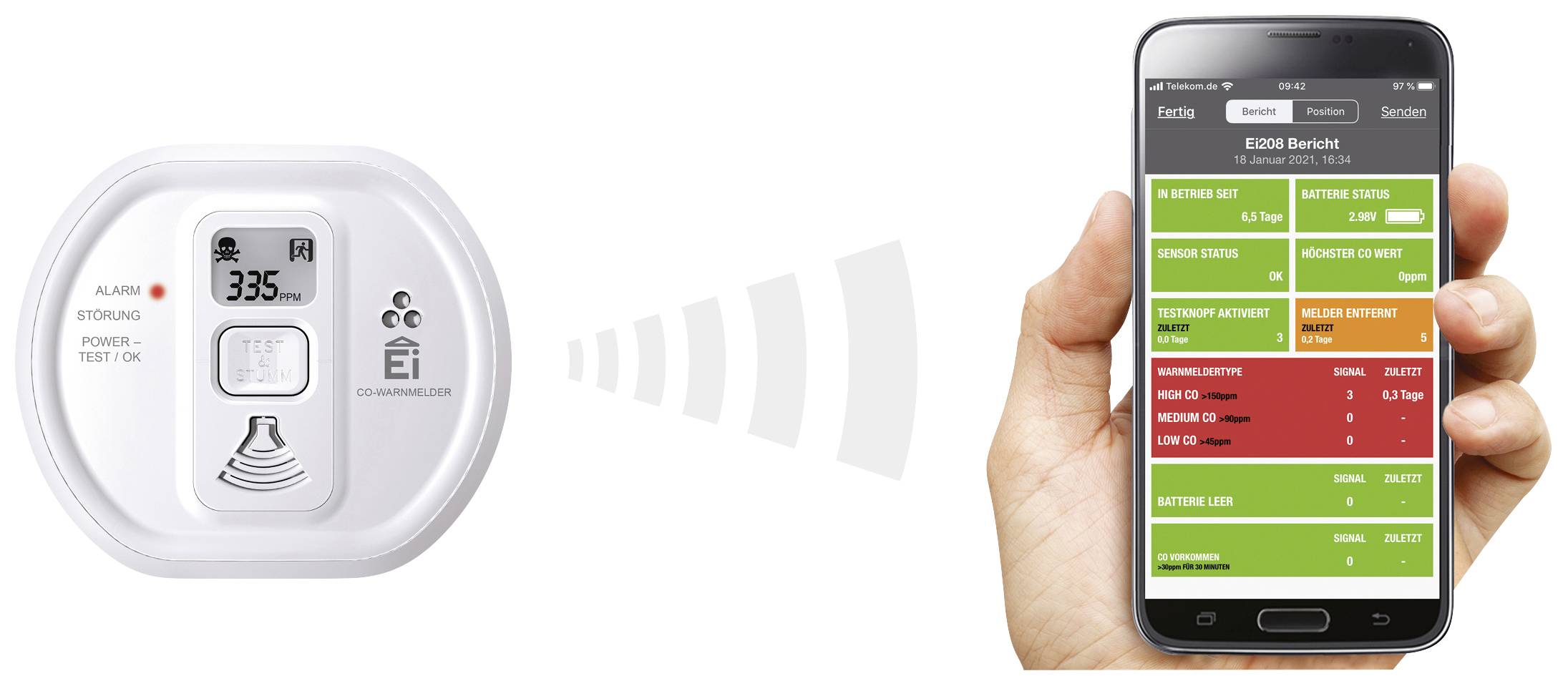 Inteligentní detektor kouře odesílá data do mobilní aplikace, která zobrazuje stav a varování v barevně označených polích.