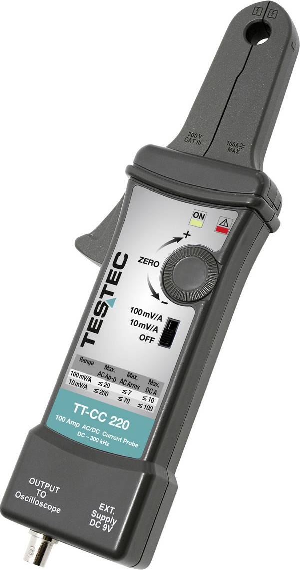 Testec  adaptér proudových kleští Kalibrováno dle (DAkkS) Rozsah měření A/AC (rozsah): 50 mA - 100 A Rozsah měření A/DC (rozsah): 50 mA - 100 A