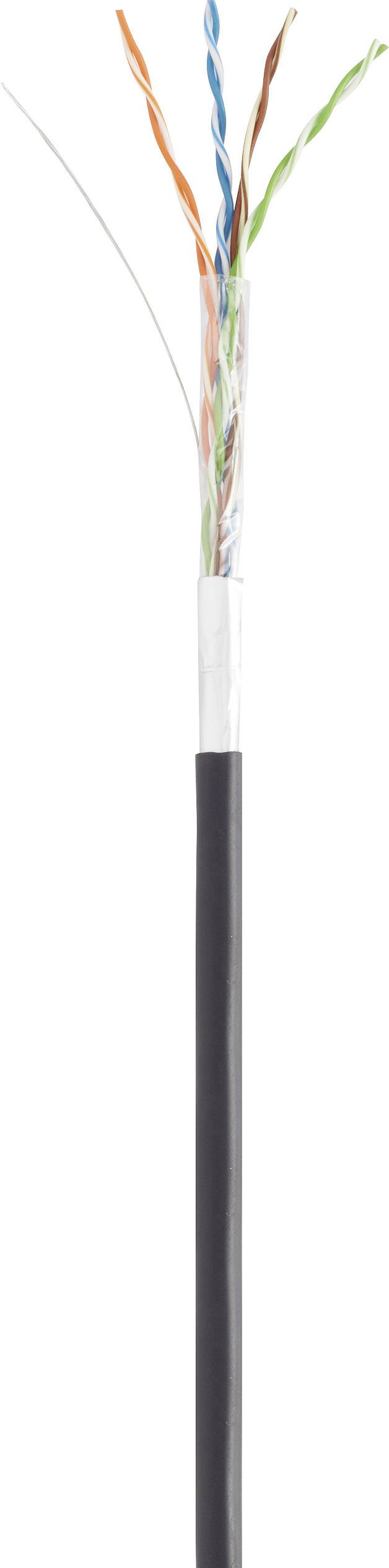 Detailní záběr strukturovaného síťového kabelu s barevnými kroucenými páry vodičů v oranžové, modré, zelené a hnědé barvě, odhalený na konci.