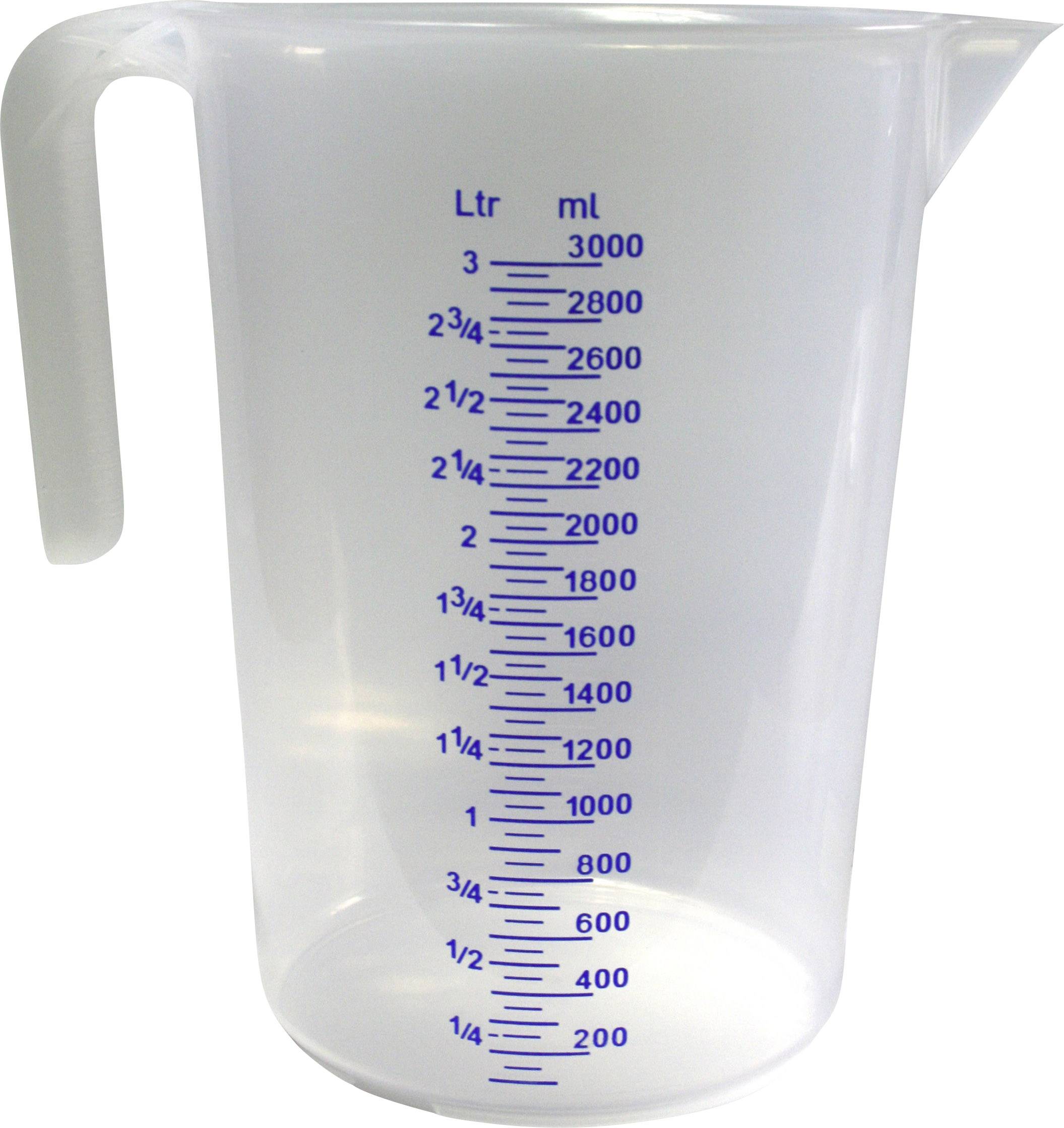 Měřicí nádoba z průhledného plastu s modrou stupnicí v litrech a mililitrech, rozsah od 250 ml do 3000 ml.