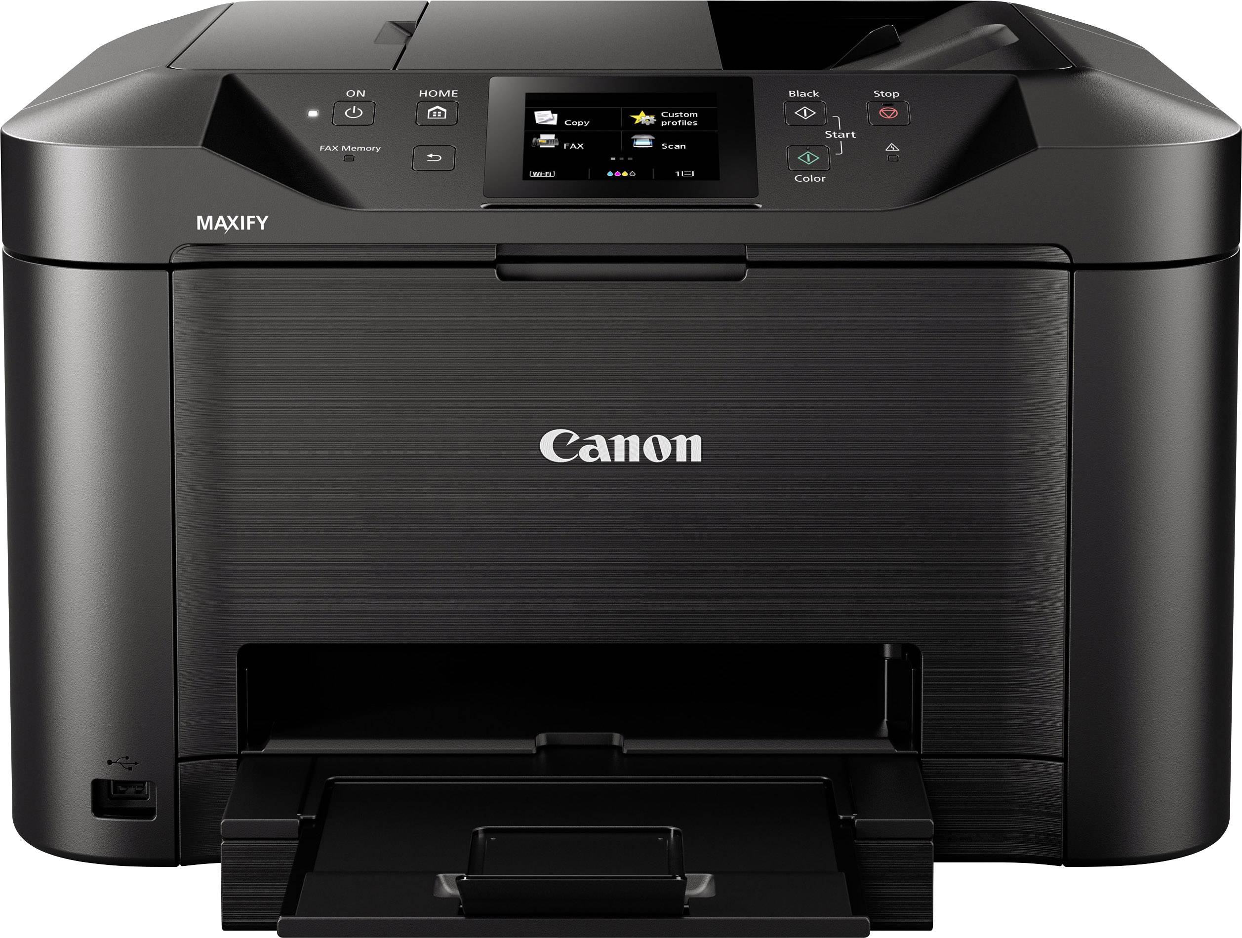 Černá multifunkční tiskárna s digitálním displejem na přední straně, označená logem 'Canon' a 'Maxify'. Podavač papíru je otevřený.
