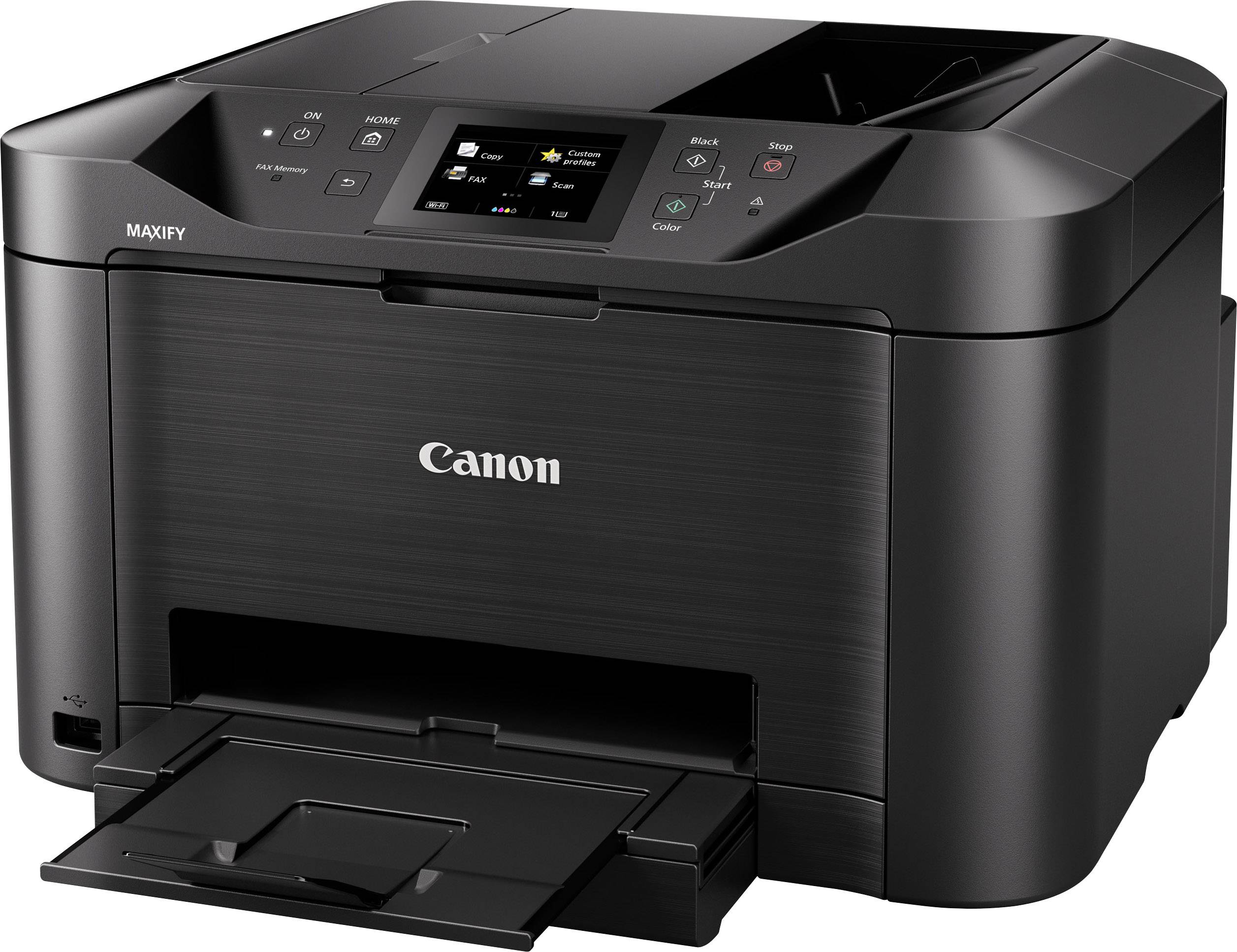 Černá tiskárna s displejem a několika ovládacími prvky na horní straně. Jedná se o model značky Canon.