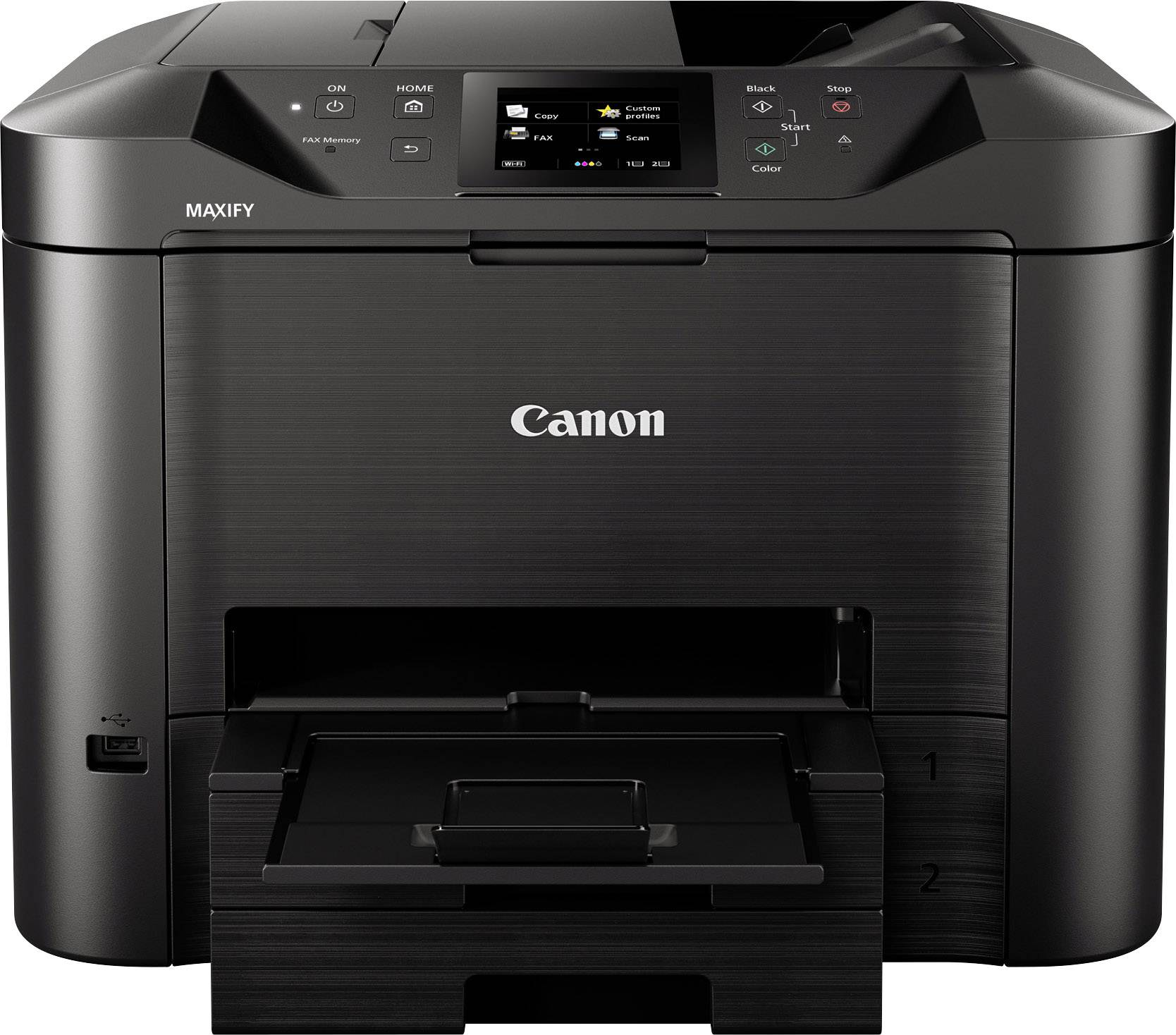 Tiskárna Canon s digitálním displejem a několika funkčními tlačítky, vhodná pro barevný i černobílý tisk.