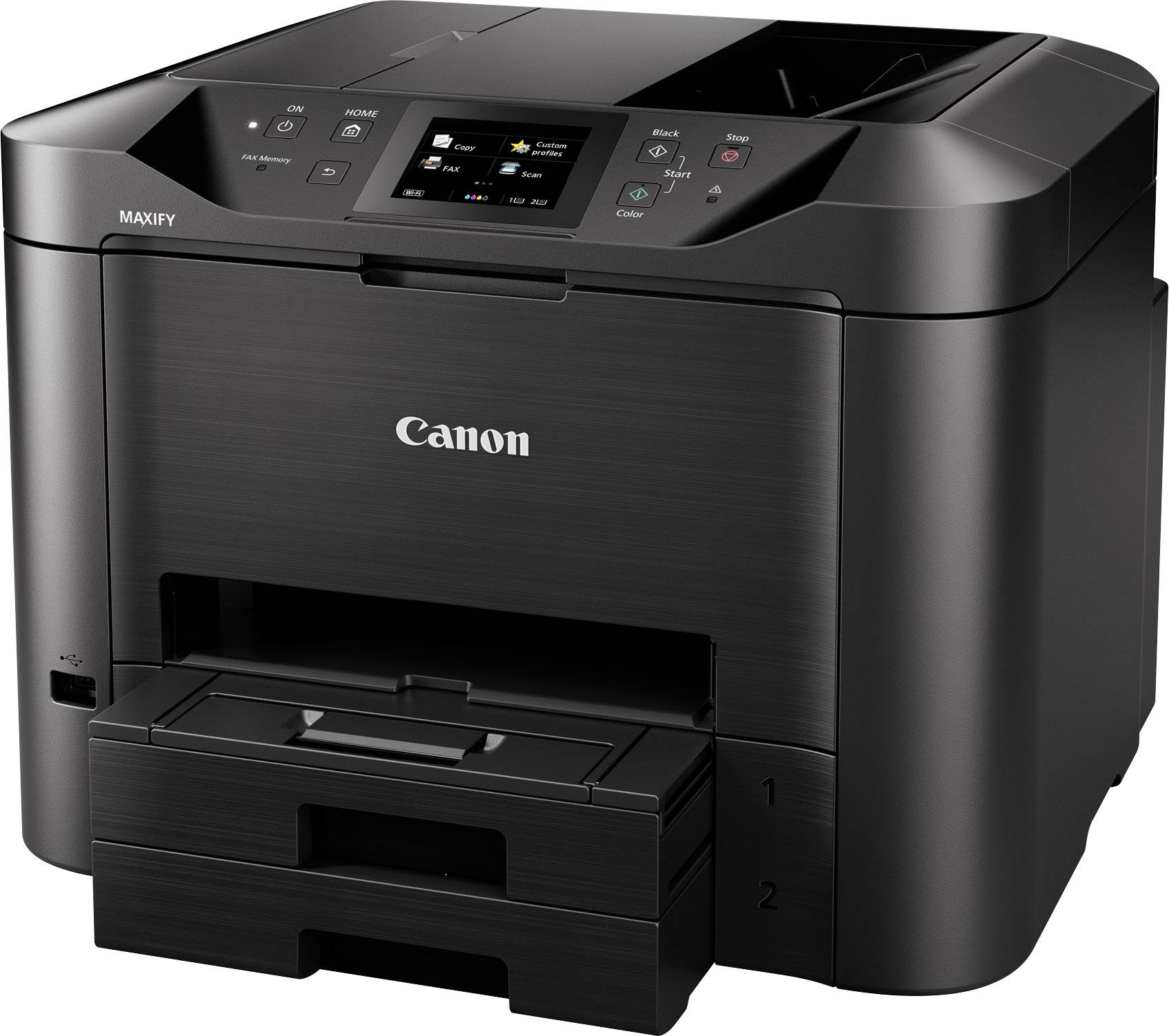 Černá inkoustová tiskárna s ovládacími prvky nahoře, název značky 'Canon' dobře viditelný na přední straně.