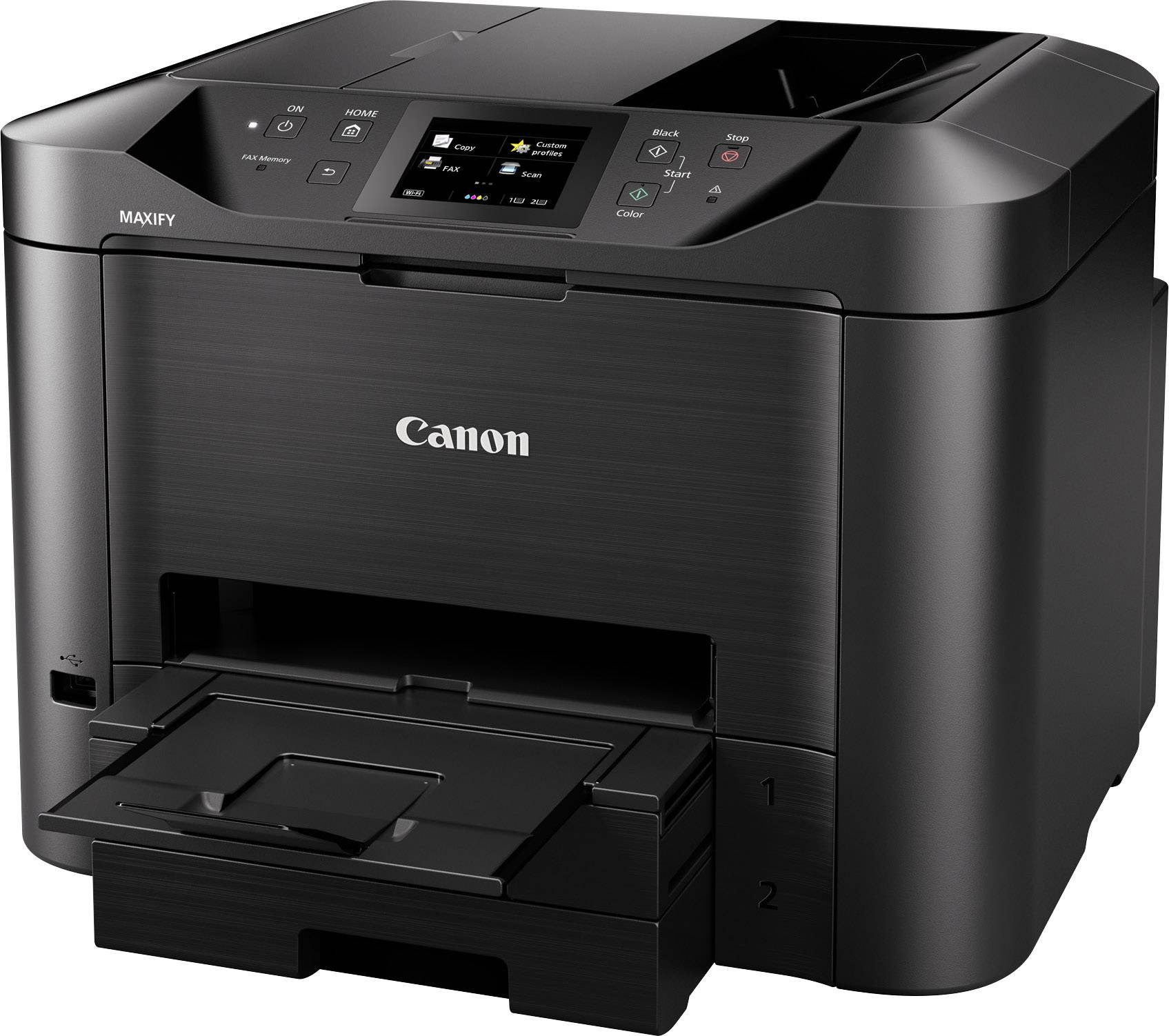 Černá tiskárna s displejem a tlačítky na horní straně. Značka 'Canon', model 'MAXIFY'. Vhodná pro kancelářské i domácí použití.