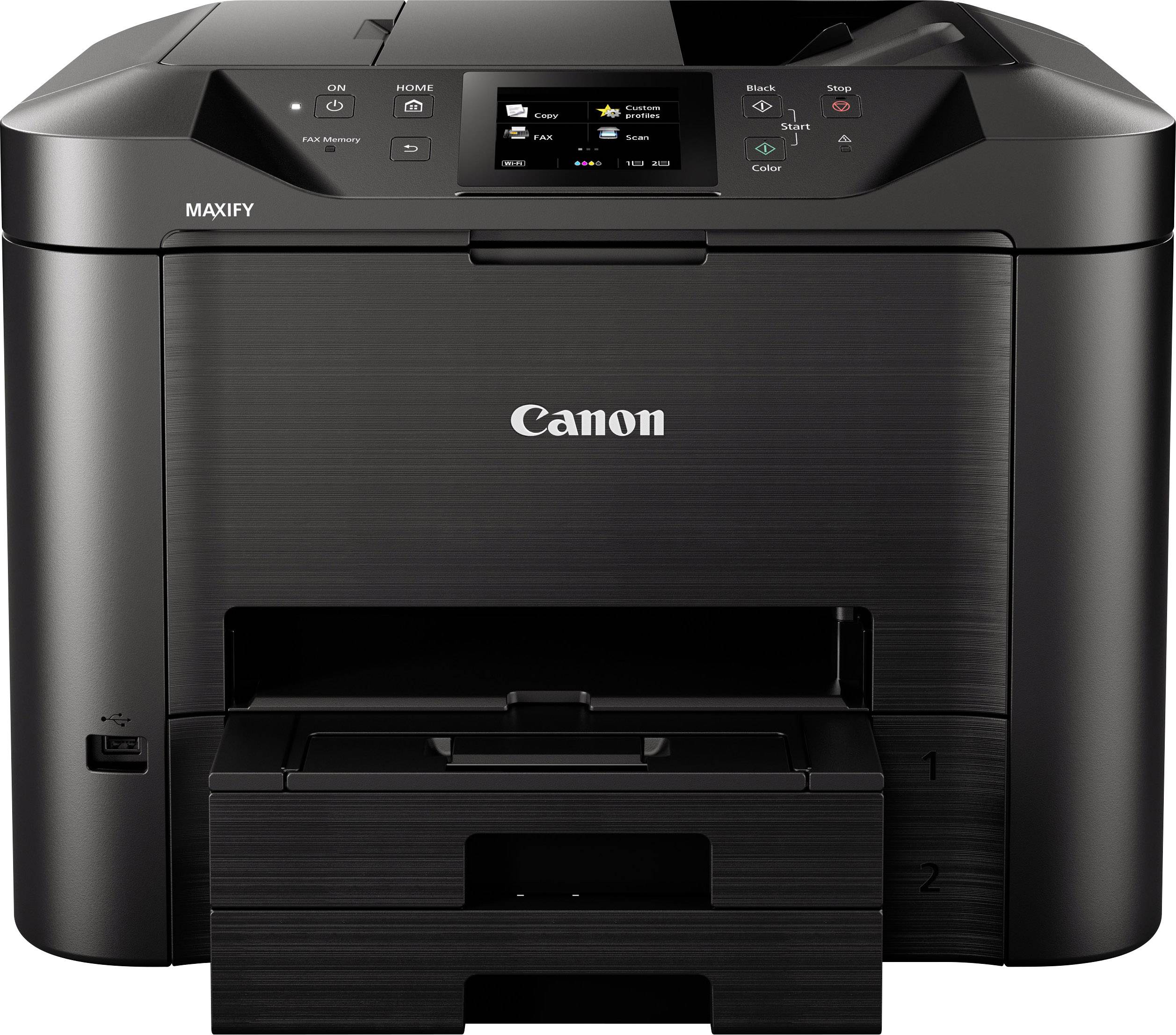 Černá tiskárna s displejem a ovládacími tlačítky nahoře, podávání papíru dole. Značka Canon, model Maxify.