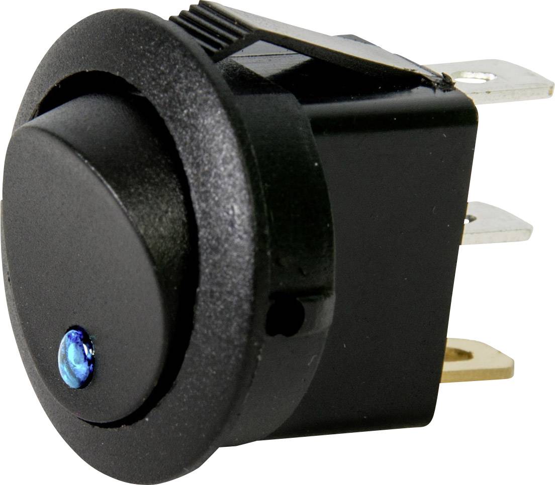 Černý kulatý přepínač s modrým LED osvětlením, vhodný pro elektrické přístroje, indikující polohu 'Zapnuto' nebo 'Vypnuto'.
