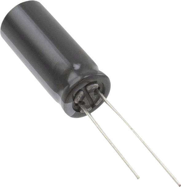 Černý, válcový elektrotechnický kondenzátor se dvěma dlouhými kovovými vývody.