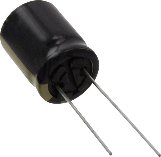 Černý válcový elektrolytický kondenzátor se dvěma vyčnívajícími kovovými svorkami na bílém pozadí.