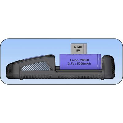 Nabíječka s lithium-iontovou baterií '26650, 3,7V, 5000mAh' a NiMH baterií '9V', které jsou nabíjeny současně vedle sebe.