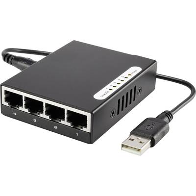 Černý síťový switch se čtyřmi ethernetovými porty, očíslovanými od 1 do 4, a jedním USB portem zobrazuje LED kontrolky napájení a připojení.